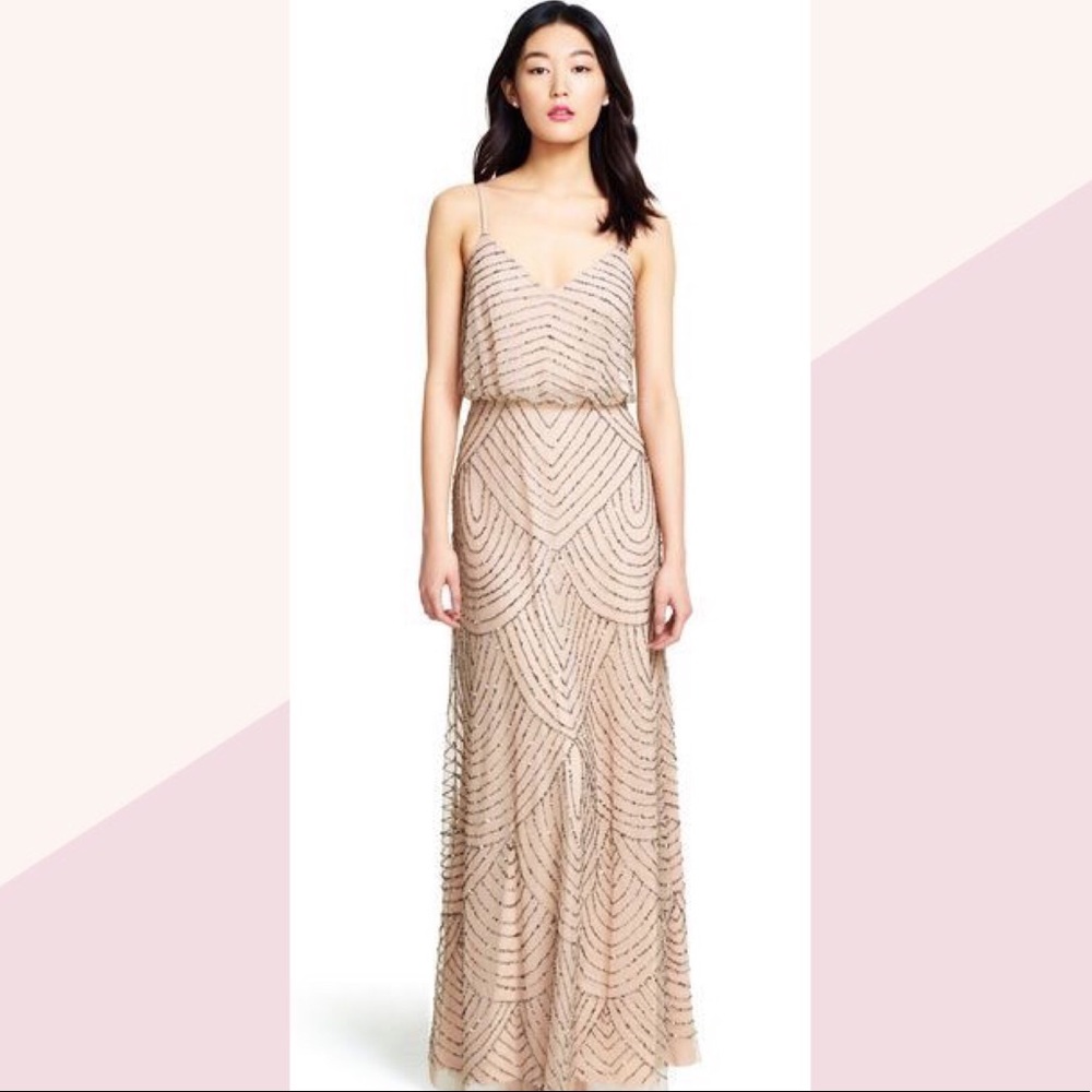 Adrianna Papel beaded blush floor length gown
